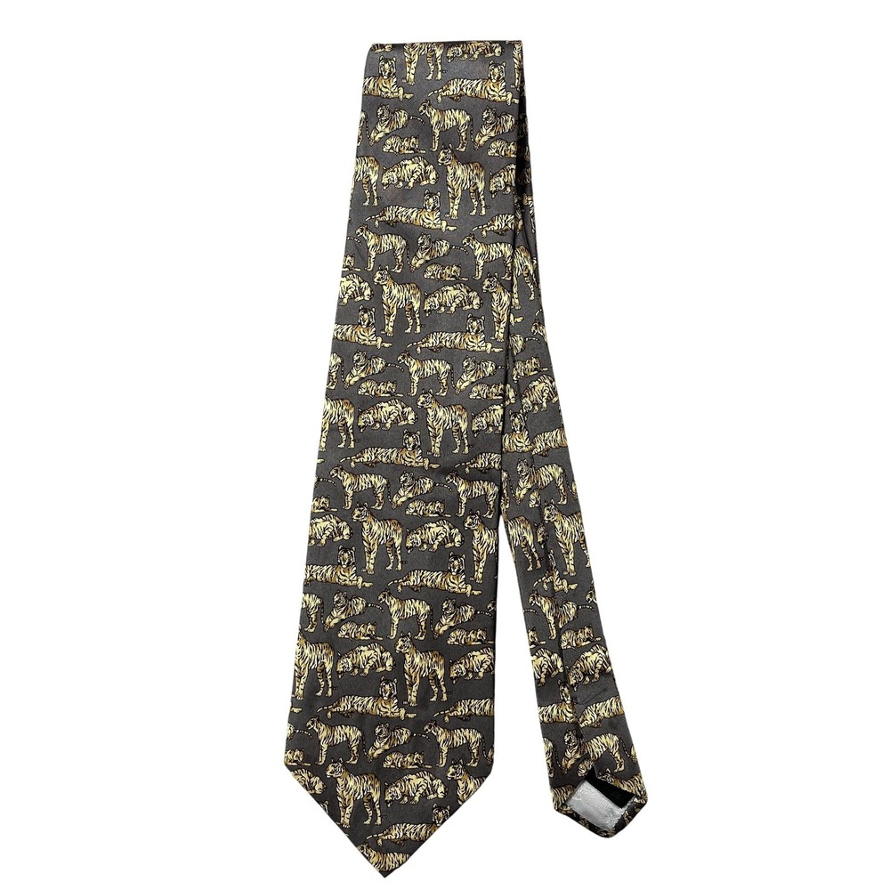 Vintage‎ ESCADA Tie Mens One Size Gray Classic Tiger Animal Print Silk Necktie
